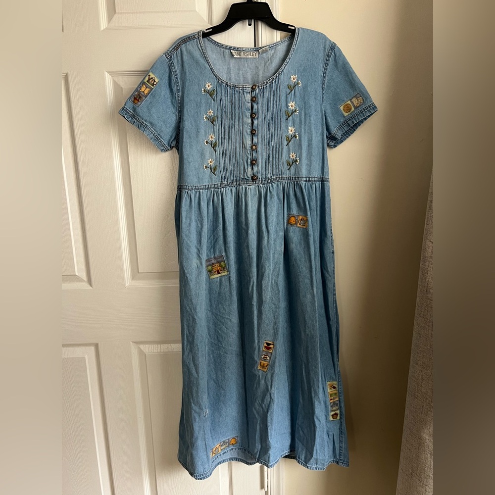Vintage Jane Ashley Blue Denim Tie Back Garden Patchwork Cottagecore Dress Large - Picture 3 of 14